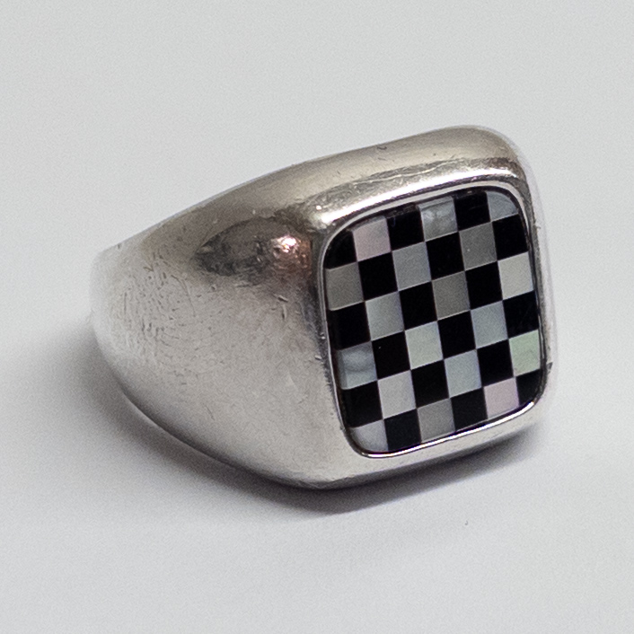 Sterling Silver, Onyx, and Mother-of-Pearl Checkerboard Ring