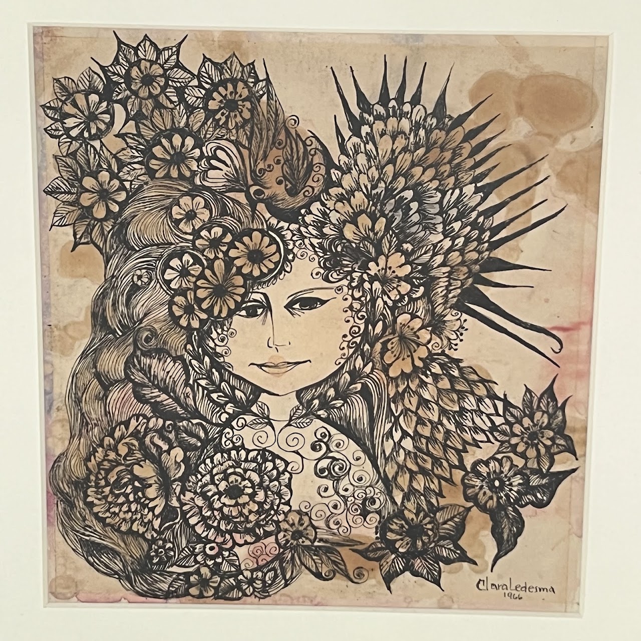 Clara Ledesma Signed Ink and Watercolor Painting, 1966