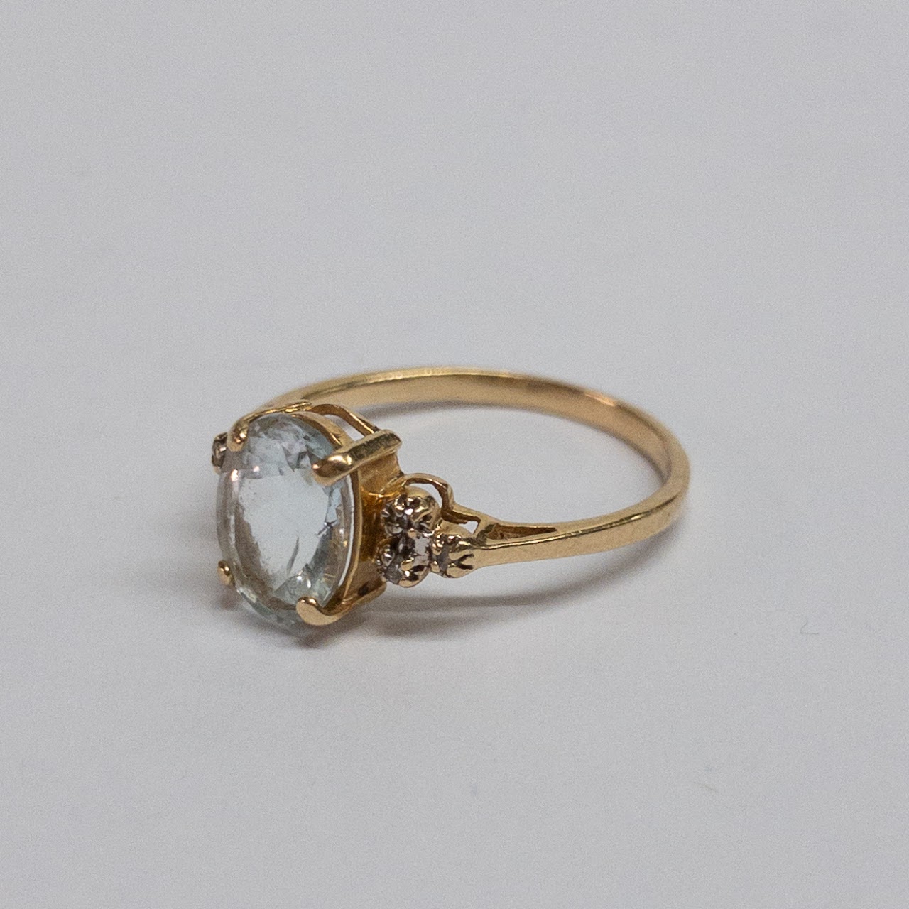 14K Gold, Diamond, and Pale Blue Stone Ring