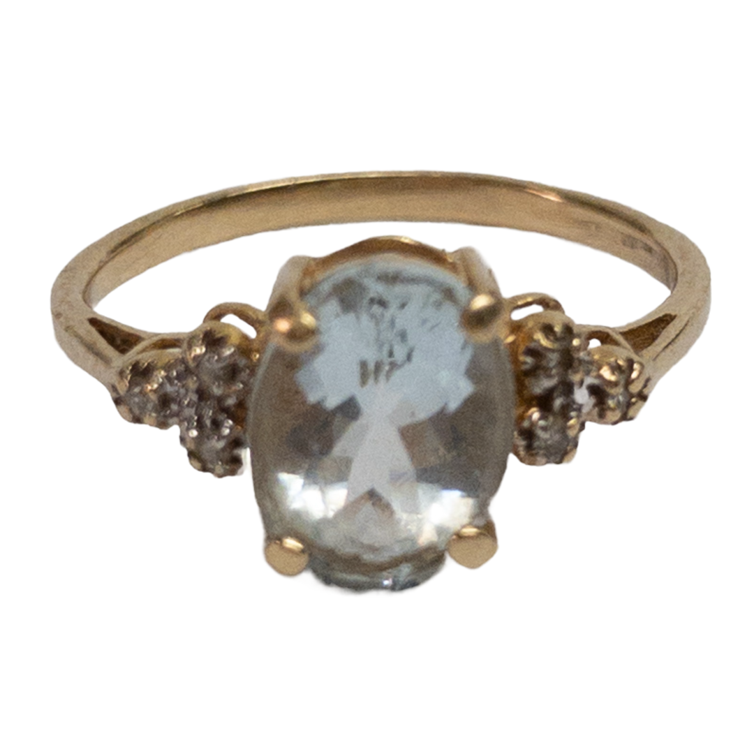 14K Gold, Diamond, and Pale Blue Stone Ring