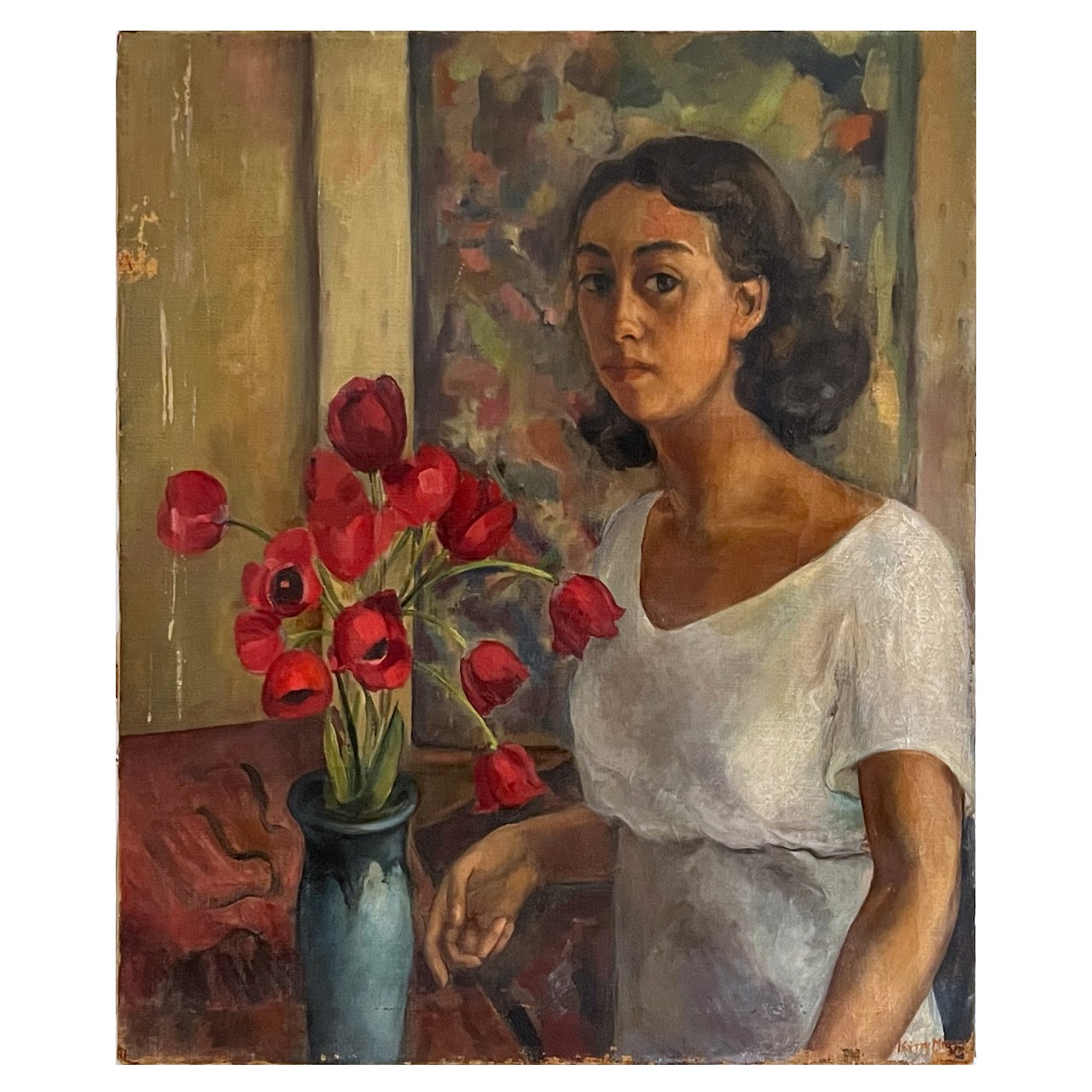 Figure with Poppies Signed Oil Painting