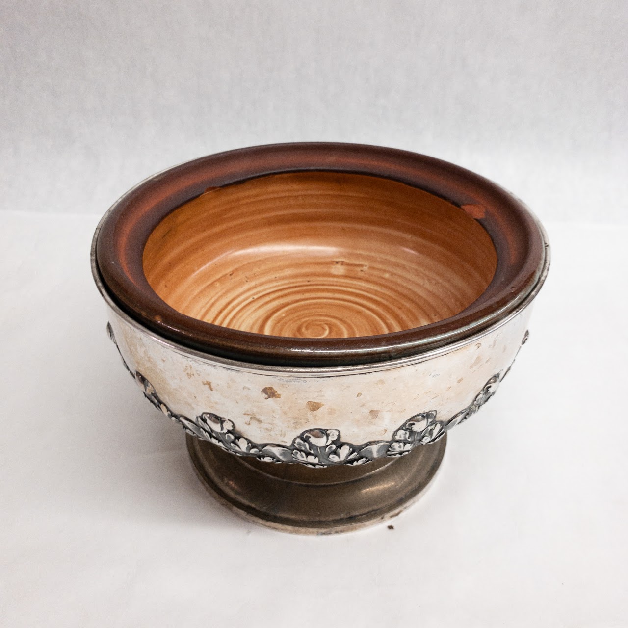 800 Silver and Ceramic Repoussé Planter