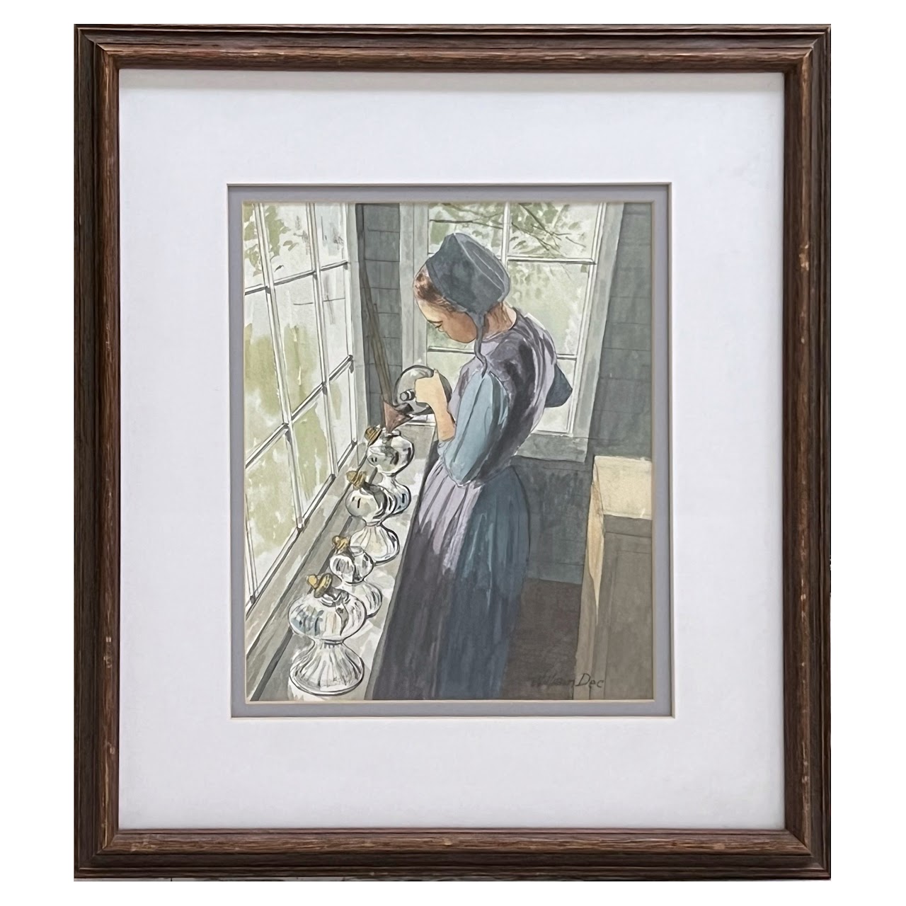 William Dec 'Filling Oil Lamps' Signed Watercolor Painting