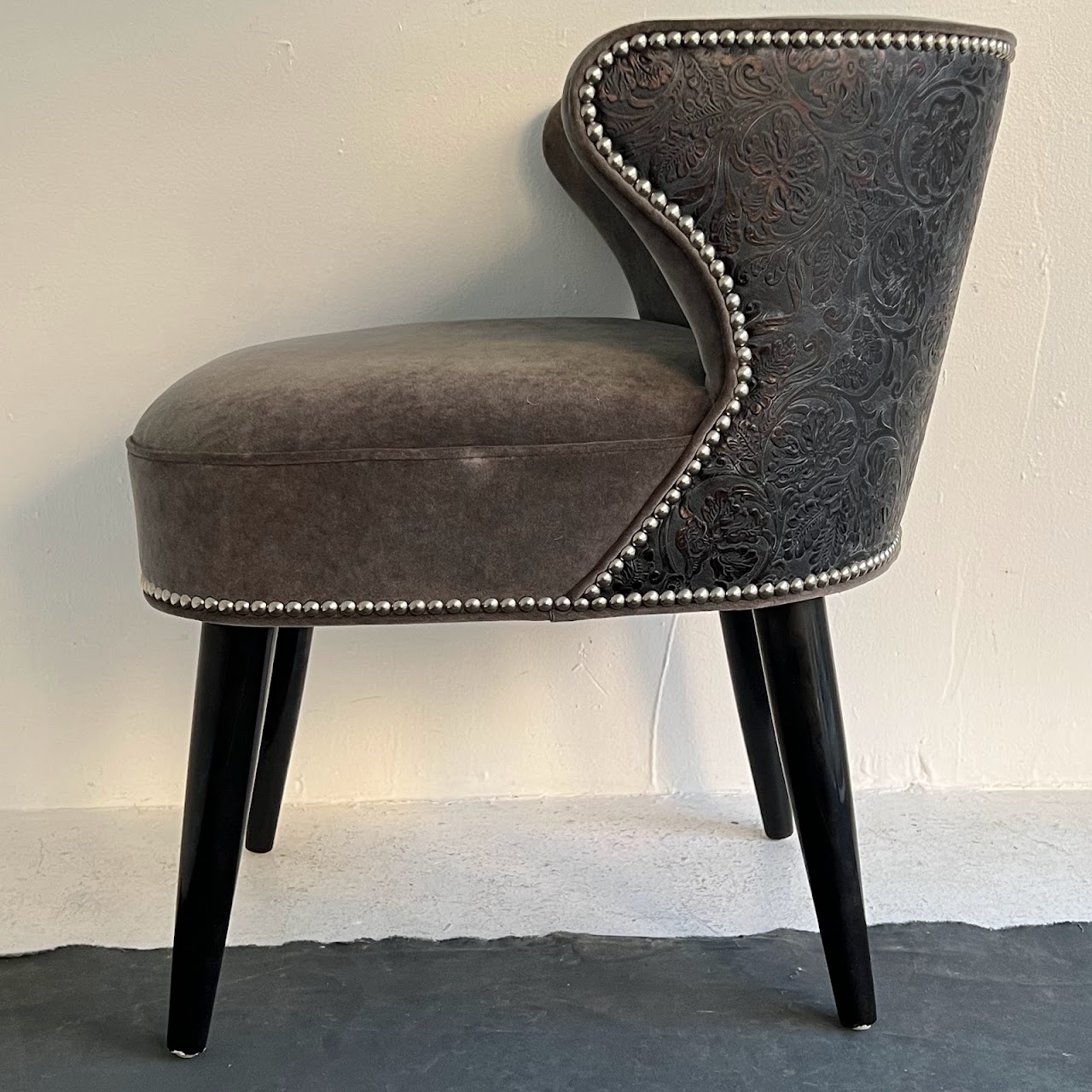 Velvet and Tooled Leather Accent Chair