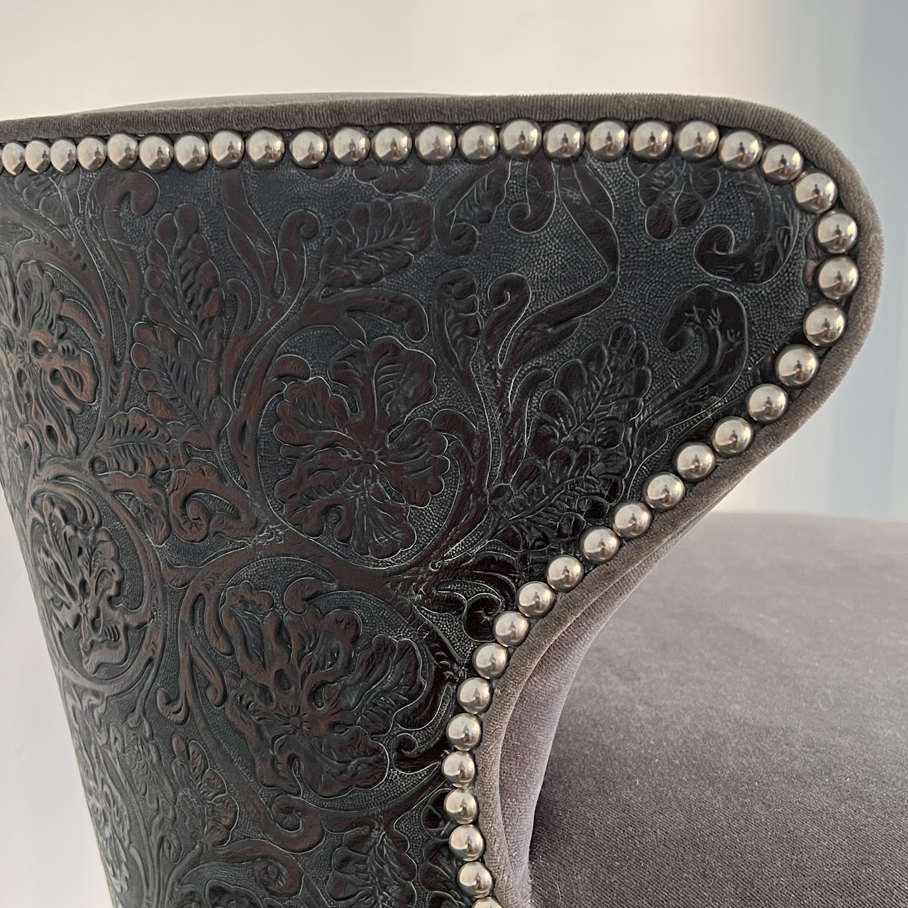 Velvet and Tooled Leather Accent Chair