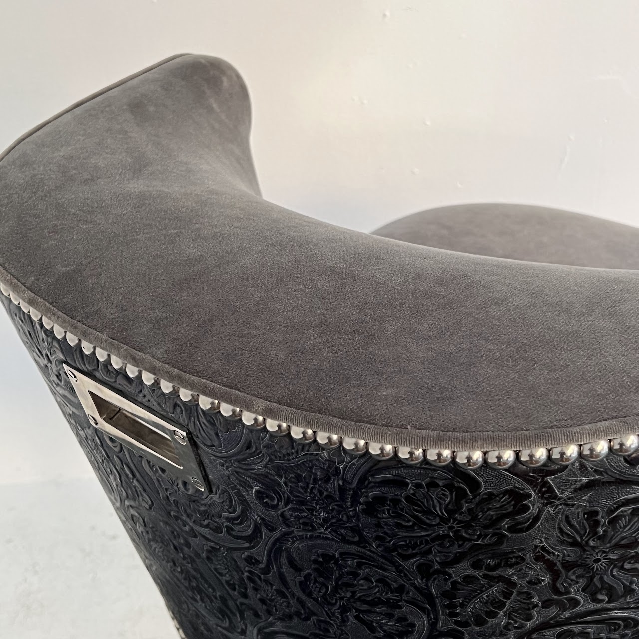 Velvet and Tooled Leather Accent Chair