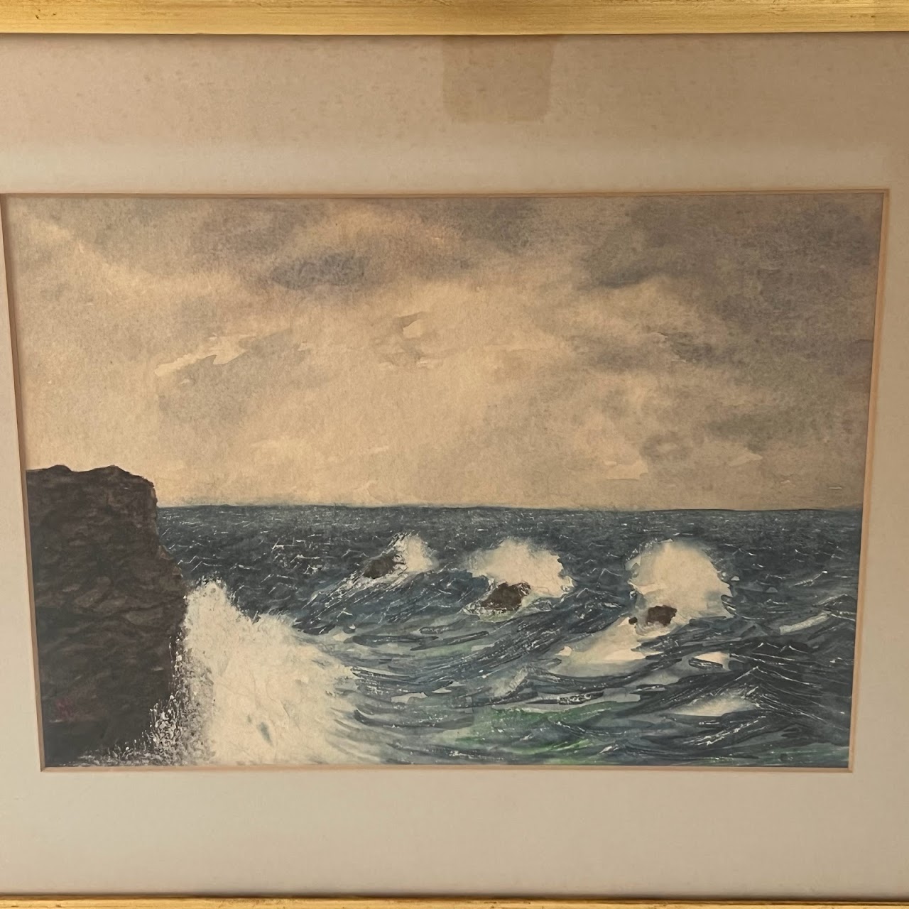 Stormy Seascape Signed Watercolor Painting