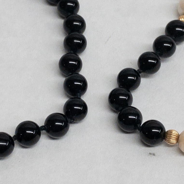 Onyx, 14K Gold, and Pearl Strung Bead Necklace