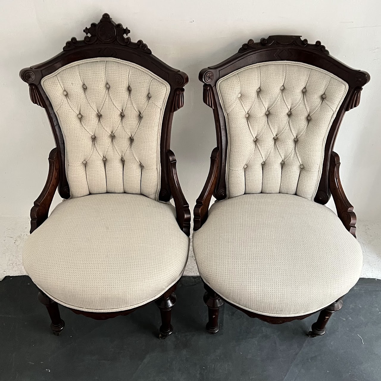 Eastlake Victorian Walnut Parlor Chair Pair