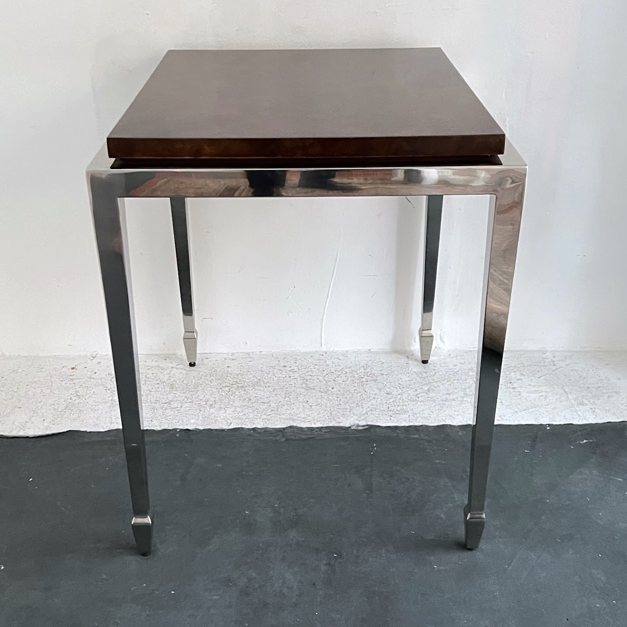 Burlwood Top Polished Steel Accent Table