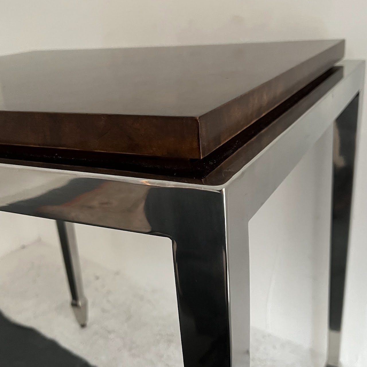 Burlwood Top Polished Steel Accent Table