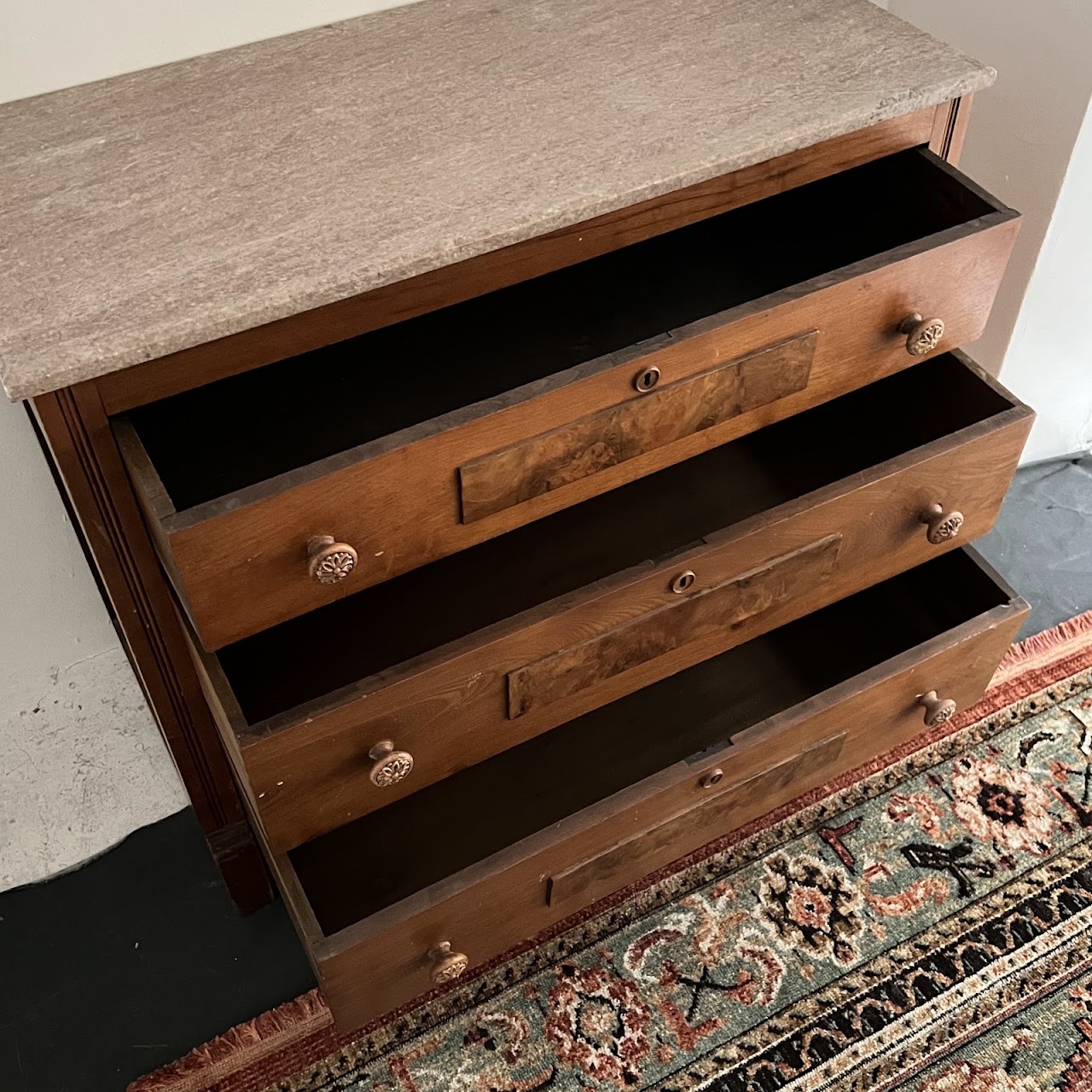 Victorian Pine and Walnut Burl Stone Top Three Drawer Dresser