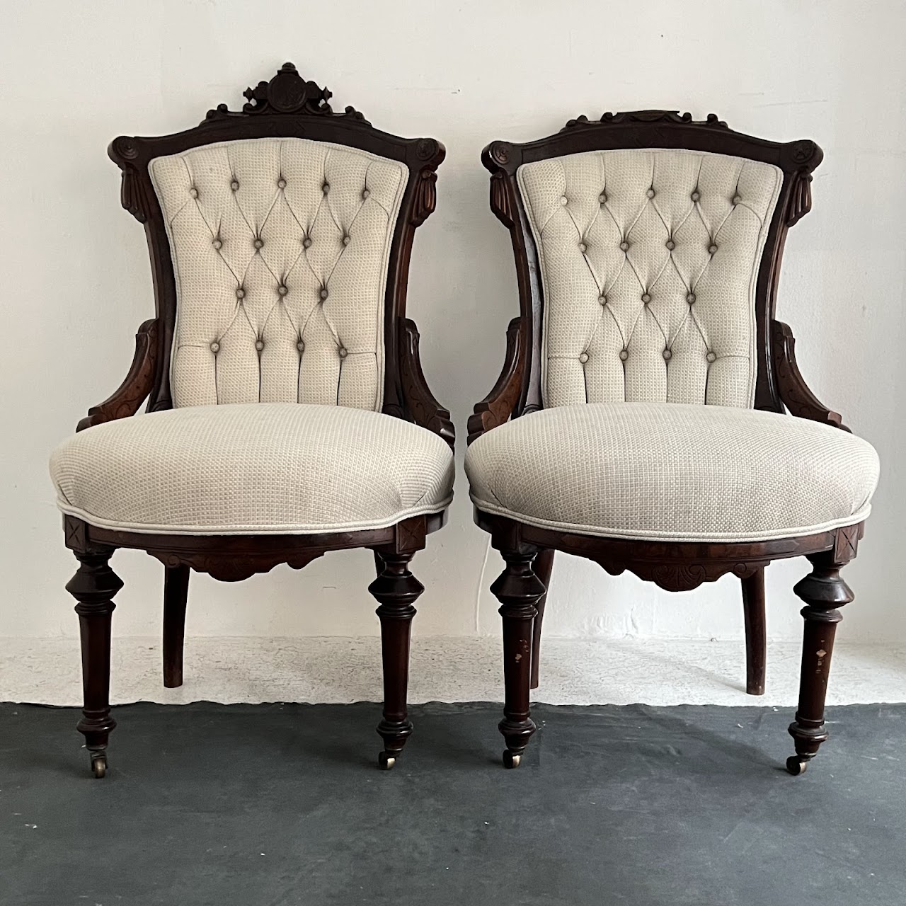 Eastlake Victorian Walnut Parlor Chair Pair