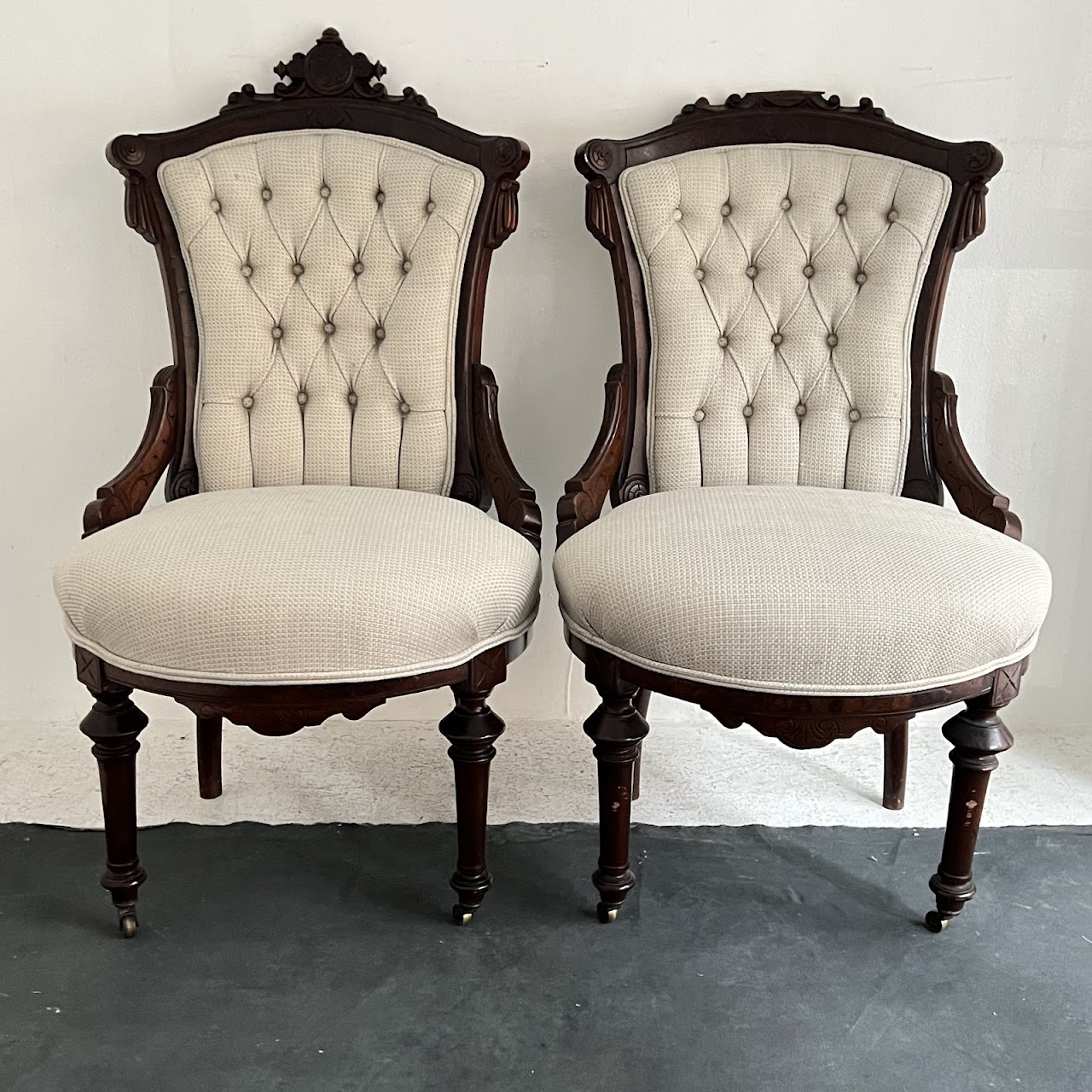 Eastlake Victorian Walnut Parlor Chair Pair