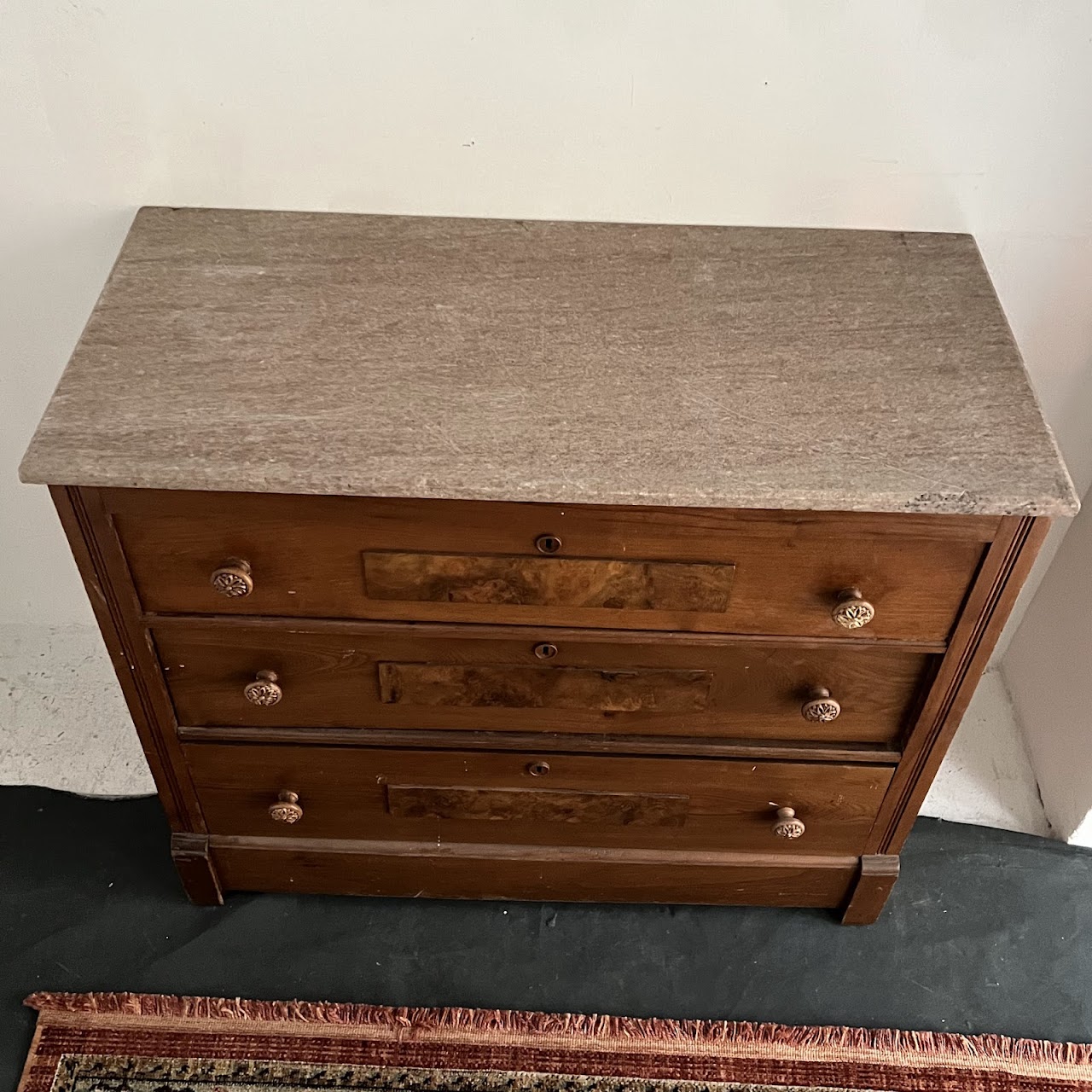 Victorian Pine and Walnut Burl Stone Top Three Drawer Dresser