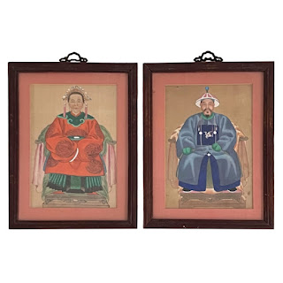 Chinese Ancestor Portrait Gouache on Silk Painting Pair