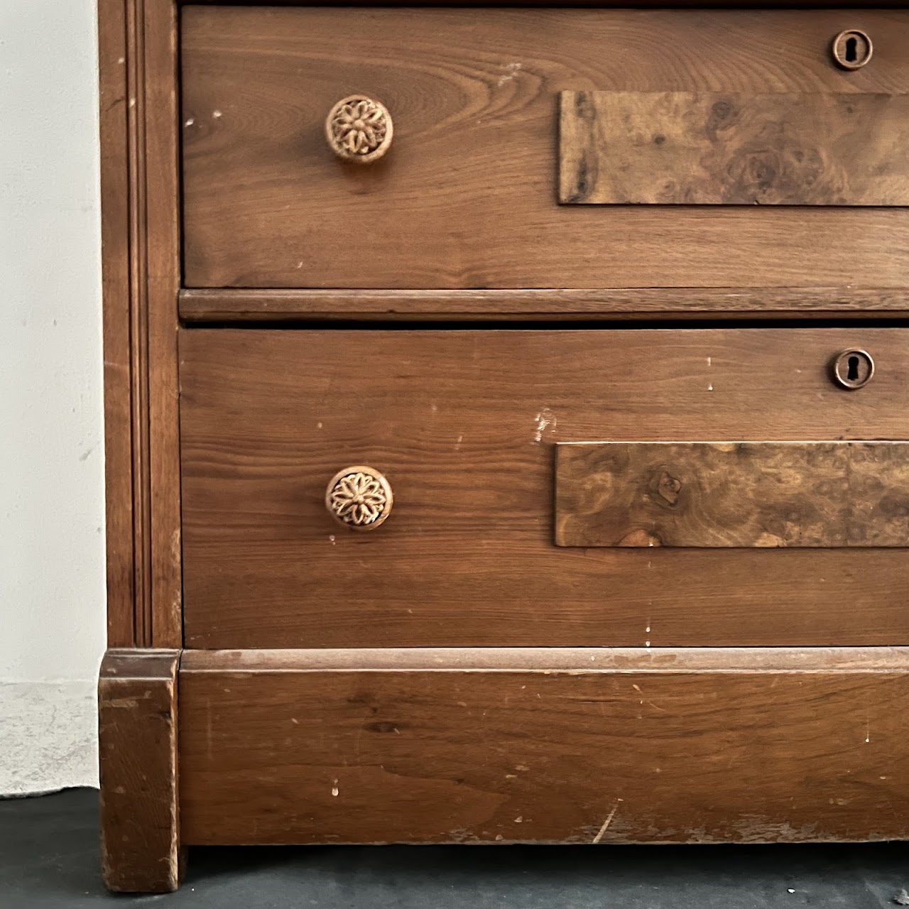 Victorian Pine and Walnut Burl Stone Top Three Drawer Dresser