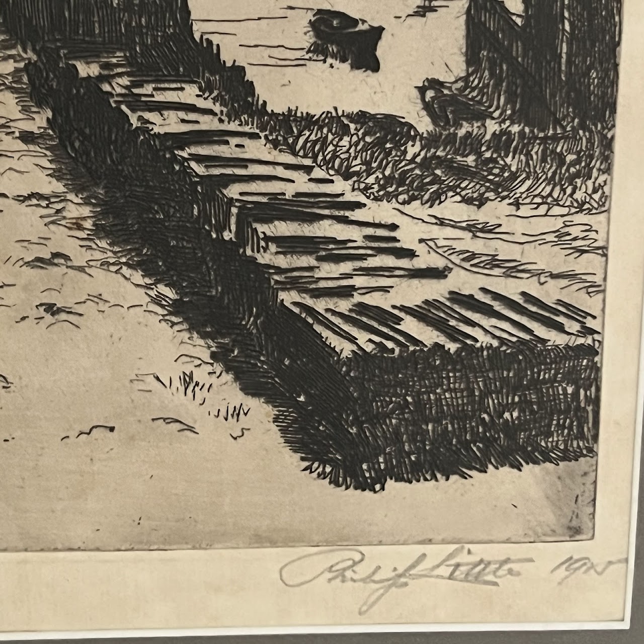 Philip Little Signed Harbor Road Scene Etching, 1915