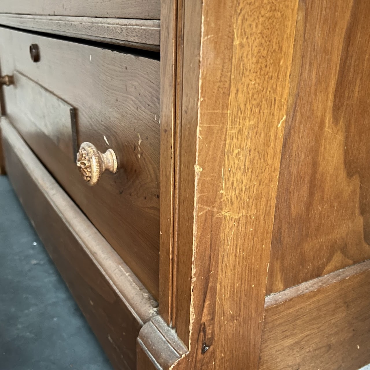 Victorian Pine and Walnut Burl Stone Top Three Drawer Dresser