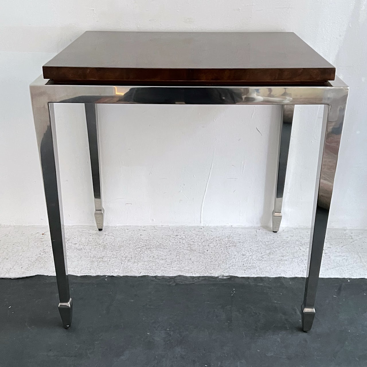 Burlwood Top Polished Steel Accent Table