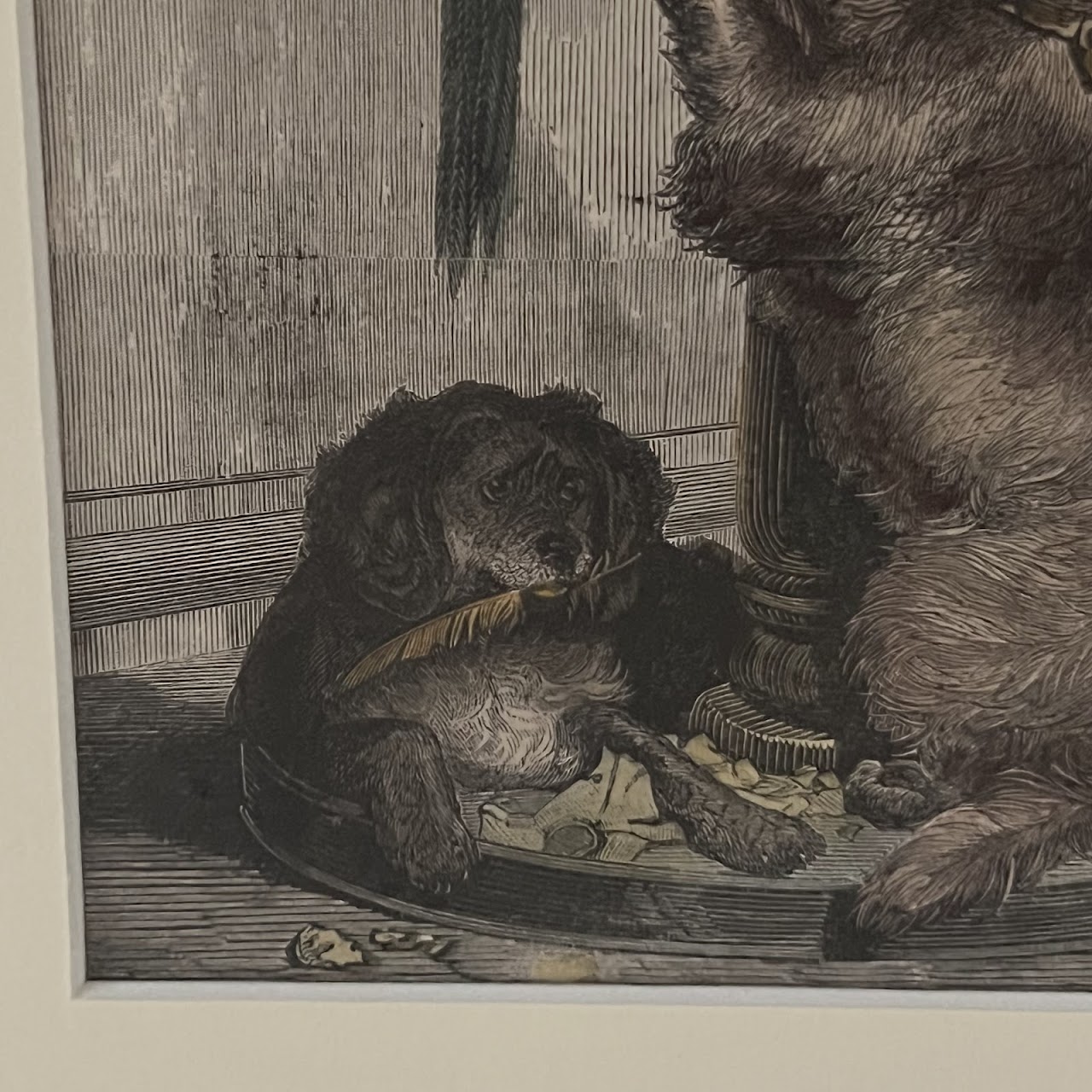 After Sir Edwin Landseer Antique Dogs and Parrots Hand-Colored Engraved Bookplate