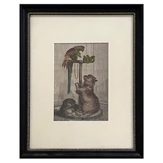 After Sir Edwin Landseer Antique Dogs and Parrots Hand-Colored Engraved Bookplate