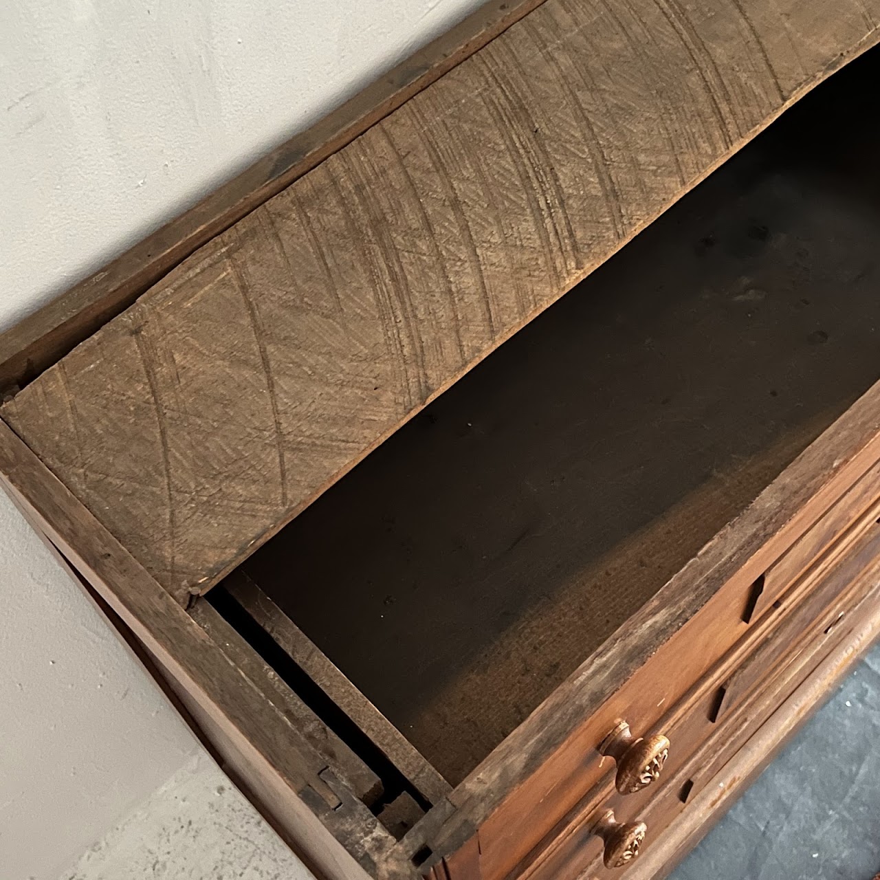 Victorian Pine and Walnut Burl Stone Top Three Drawer Dresser