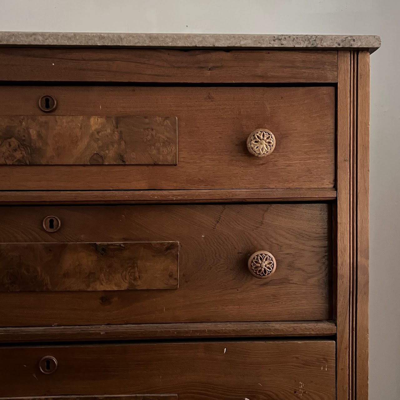 Victorian Pine and Walnut Burl Stone Top Three Drawer Dresser