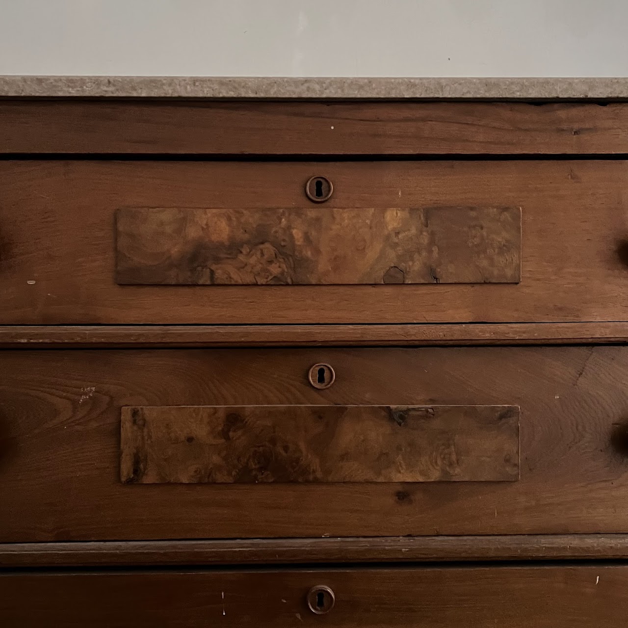 Victorian Pine and Walnut Burl Stone Top Three Drawer Dresser