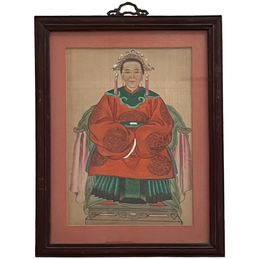 Chinese Ancestor Portrait Gouache on Silk Painting Pair