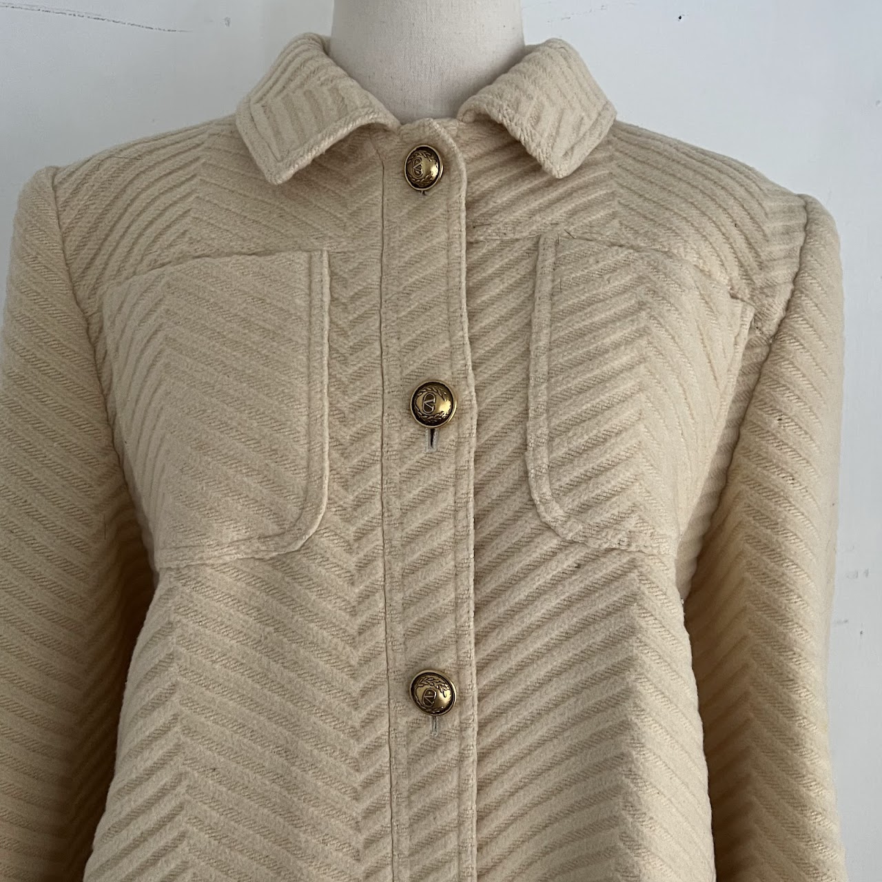 Valentino Miss V Vintage Ivory Wool Chevron Coat