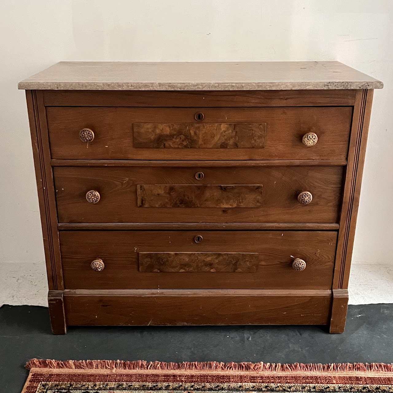 Victorian Pine and Walnut Burl Stone Top Three Drawer Dresser