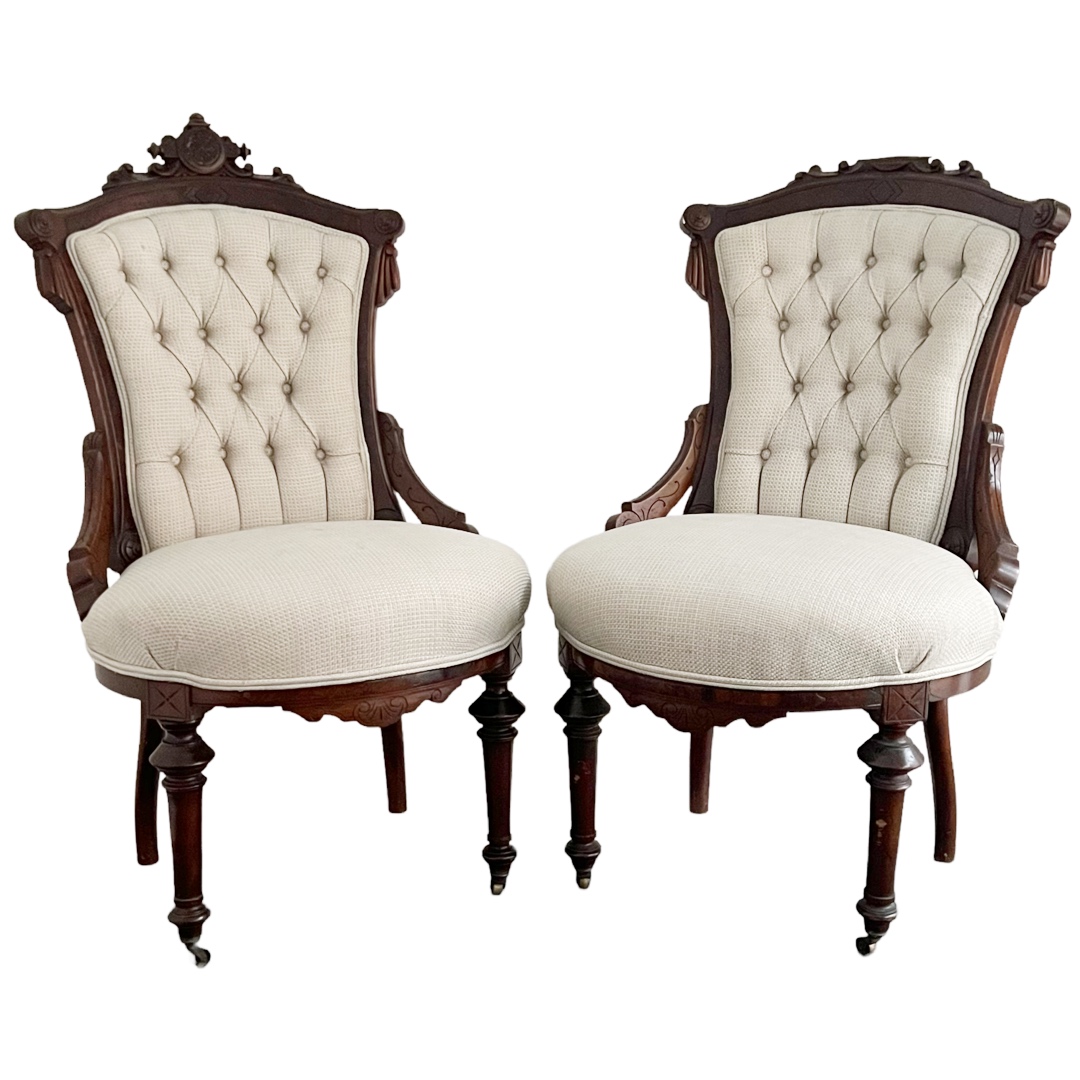 Eastlake Victorian Walnut Parlor Chair Pair