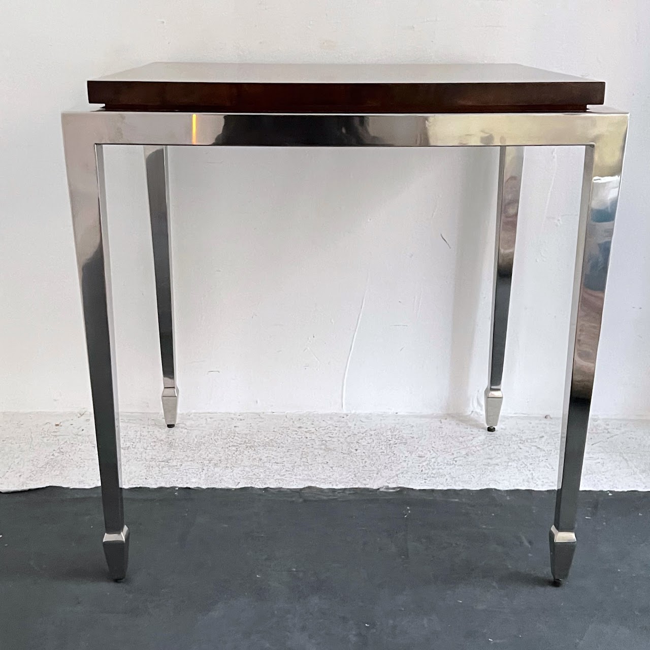 Burlwood Top Polished Steel Accent Table