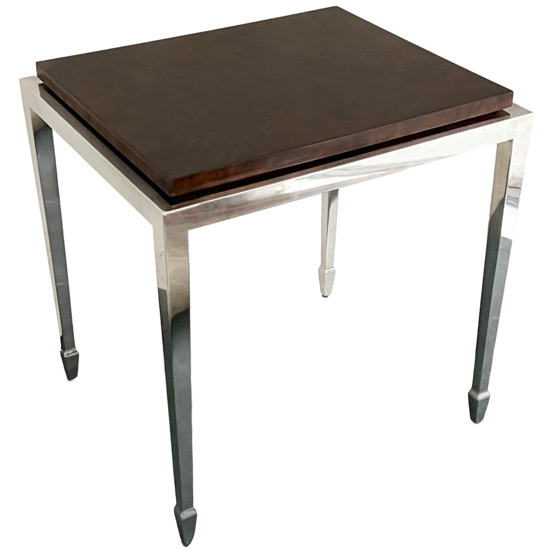 Burlwood Top Polished Steel Accent Table