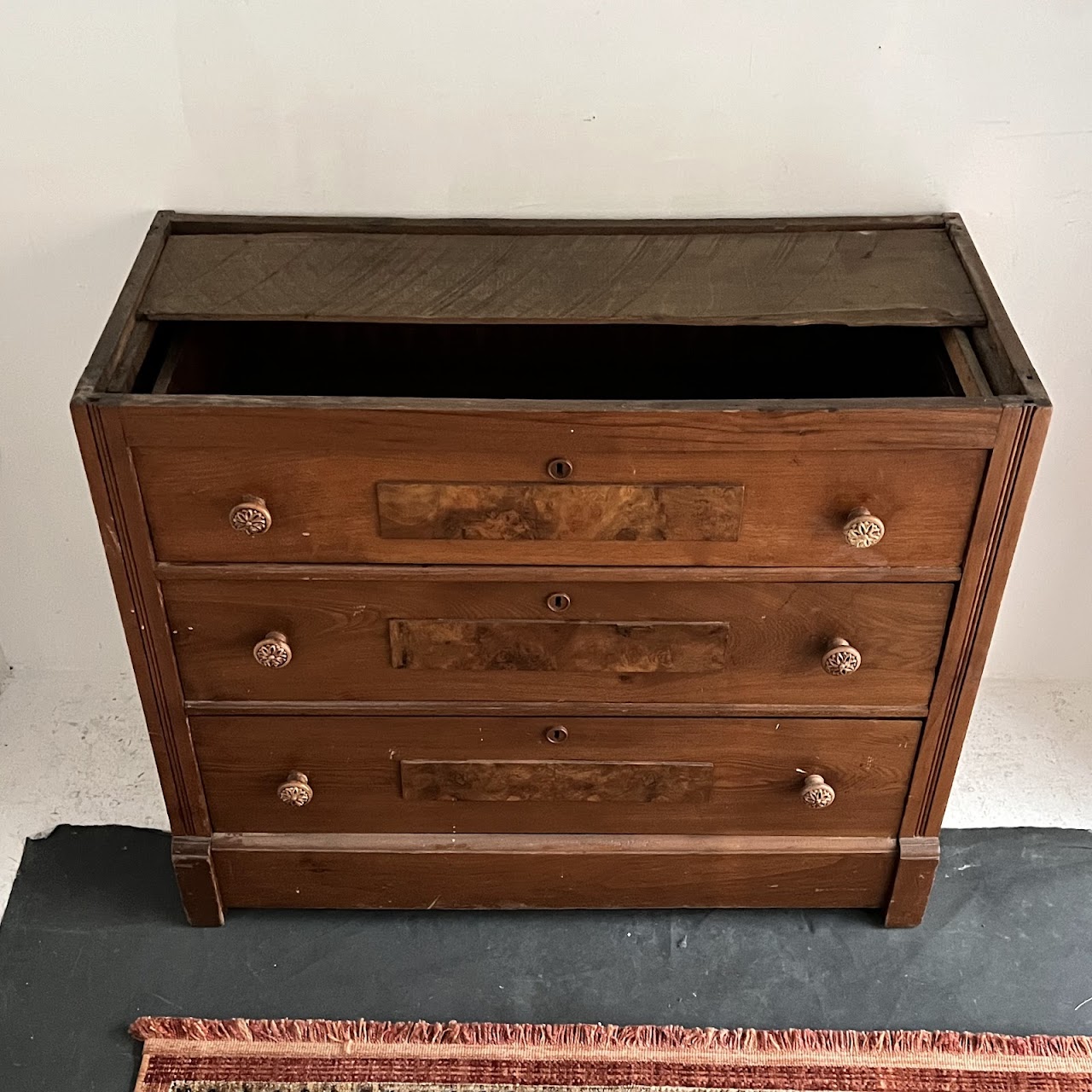 Victorian Pine and Walnut Burl Stone Top Three Drawer Dresser