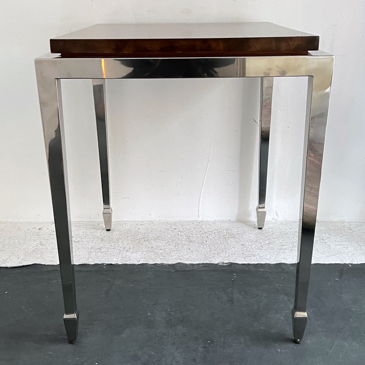 Burlwood Top Polished Steel Accent Table