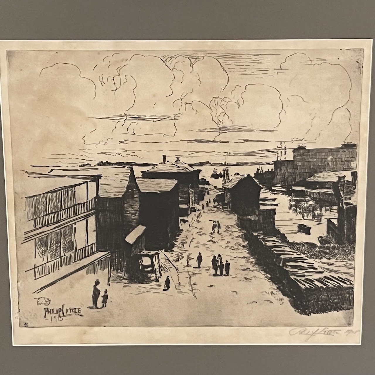 Philip Little Signed Harbor Road Scene Etching, 1915