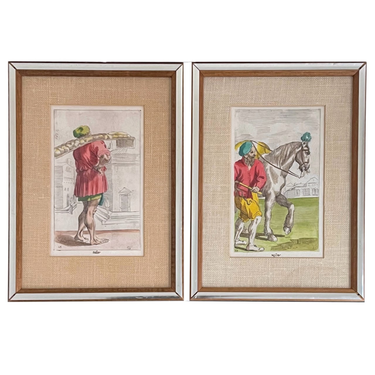 Simon Guillain After Annibale Carraci 'Baker' and 'Miller' Hand-Colored Engraving Pair