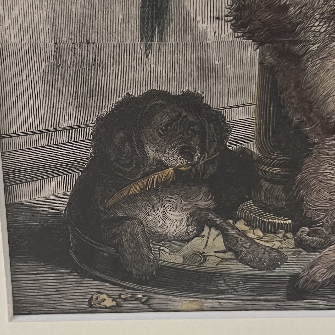 After Sir Edwin Landseer Antique Dogs and Parrots Hand-Colored Engraved Bookplate