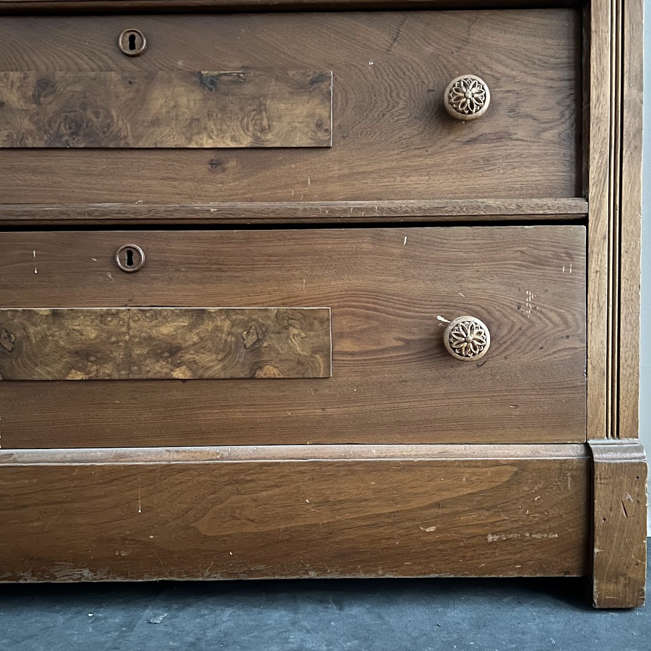 Victorian Pine and Walnut Burl Stone Top Three Drawer Dresser