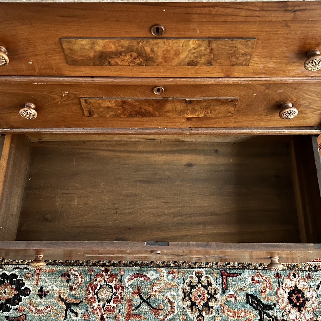 Victorian Pine and Walnut Burl Stone Top Three Drawer Dresser