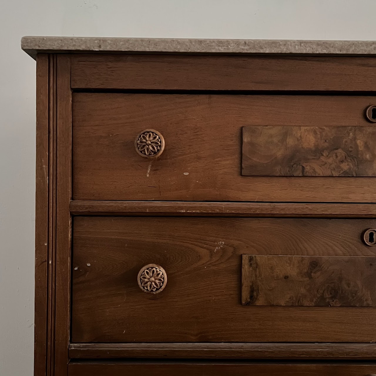 Victorian Pine and Walnut Burl Stone Top Three Drawer Dresser