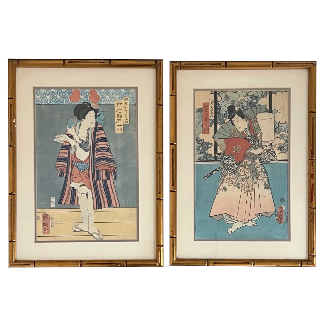 Utagawa Kunitsuna II 'Kabuki Actors...' Japanese Woodblock Print Pair