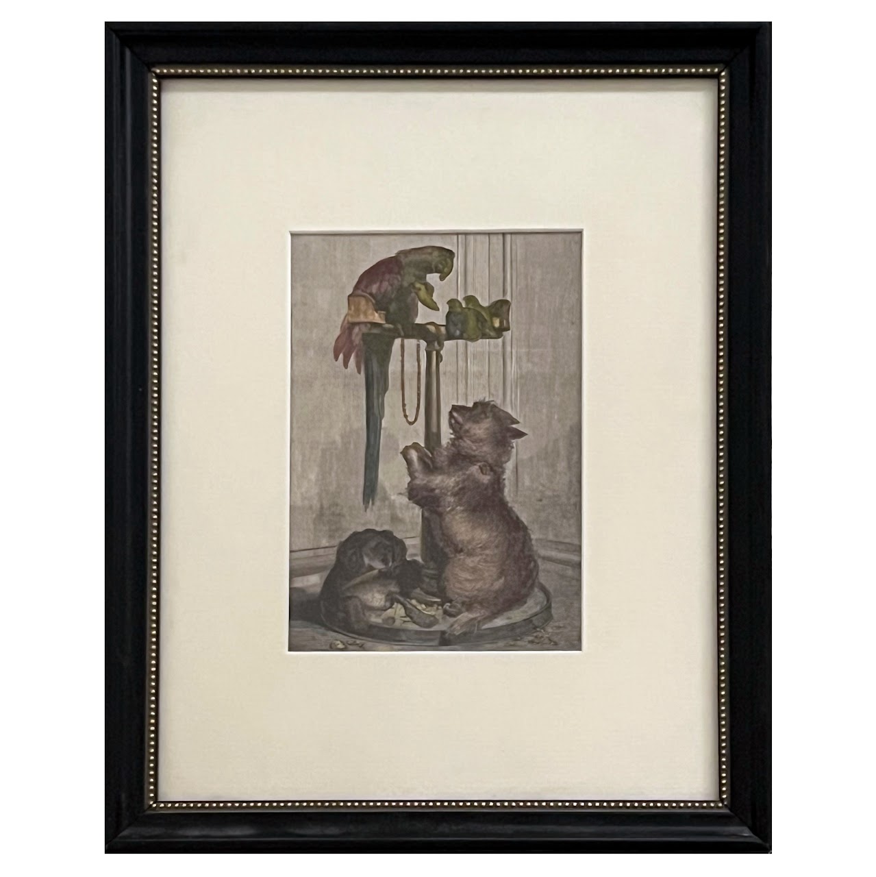 After Sir Edwin Landseer Antique Dogs and Parrots Hand-Colored Engraved Bookplate