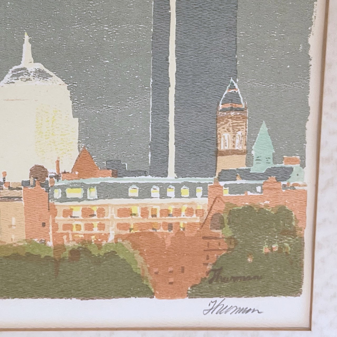 Thurman 'Storm's End' Signed Vintage Boston Skyline Lithograph