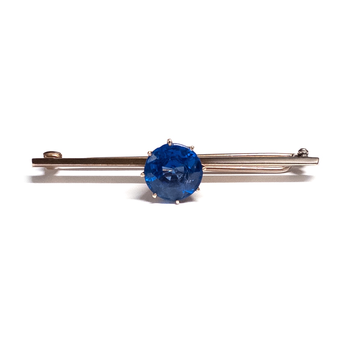 14K Gold and Blue Crystal Art Deco Bar Pin