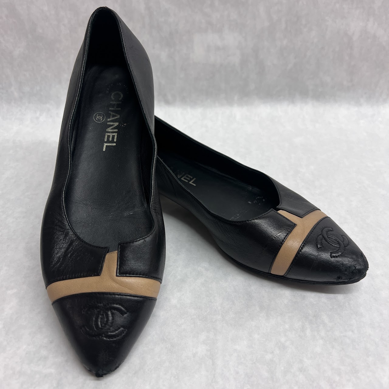 Chanel Black and Tan Cap Toe Ballet Flats