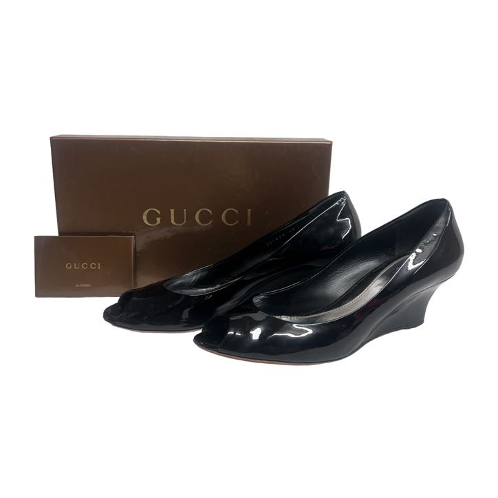 Gucci Patent Leather Peep Toe Platform Wedges