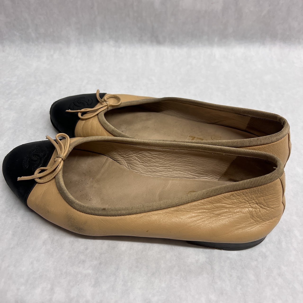 Chanel Tan and Black Cap Toe Ballet Flats